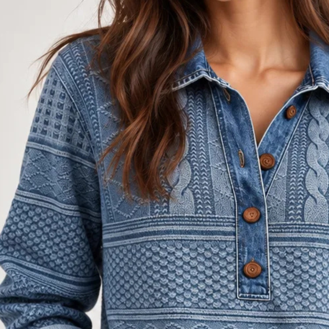 Blouse femme à col et poignets contrastés, manches longues, plastron boutonné partiel, coupe décontractée