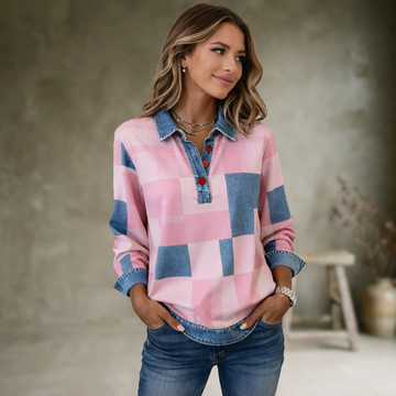 Blouse femme à col, motif carreaux bloc, plastron partiel à boutons, manches longues, coupe décontractée