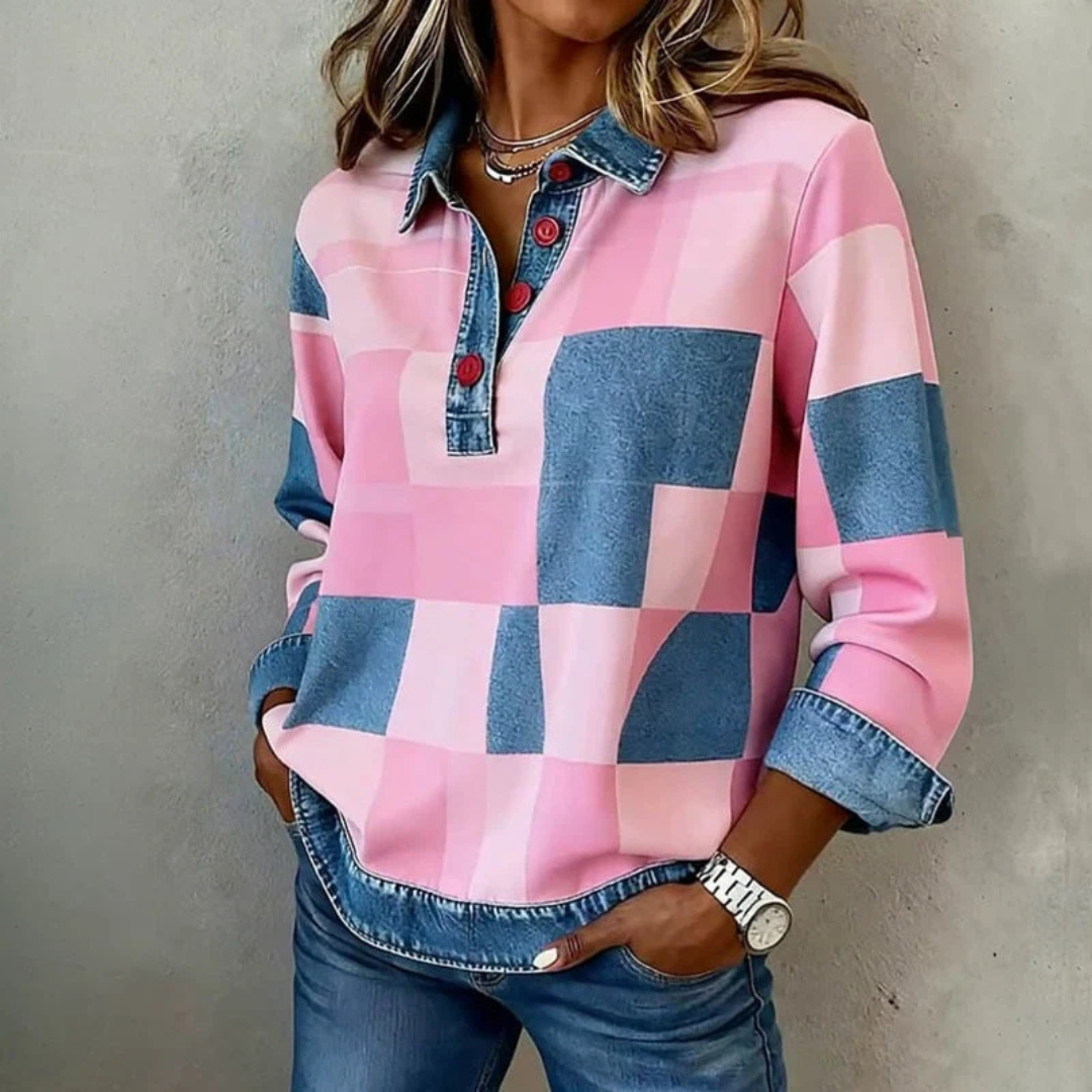 Blouse femme à col, motif carreaux bloc, plastron partiel à boutons, manches longues, coupe décontractée