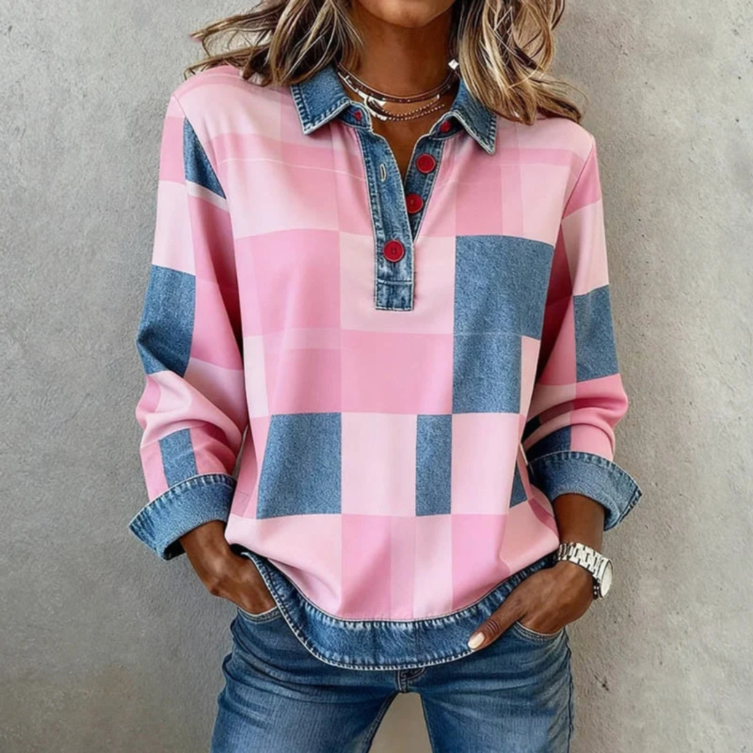 Blouse femme à col, motif carreaux bloc, plastron partiel à boutons, manches longues, coupe décontractée