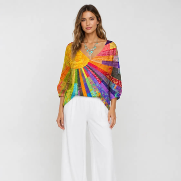 Blouse femme - col rond, manches longues, imprimé patchwork quilt, coupe décontractée