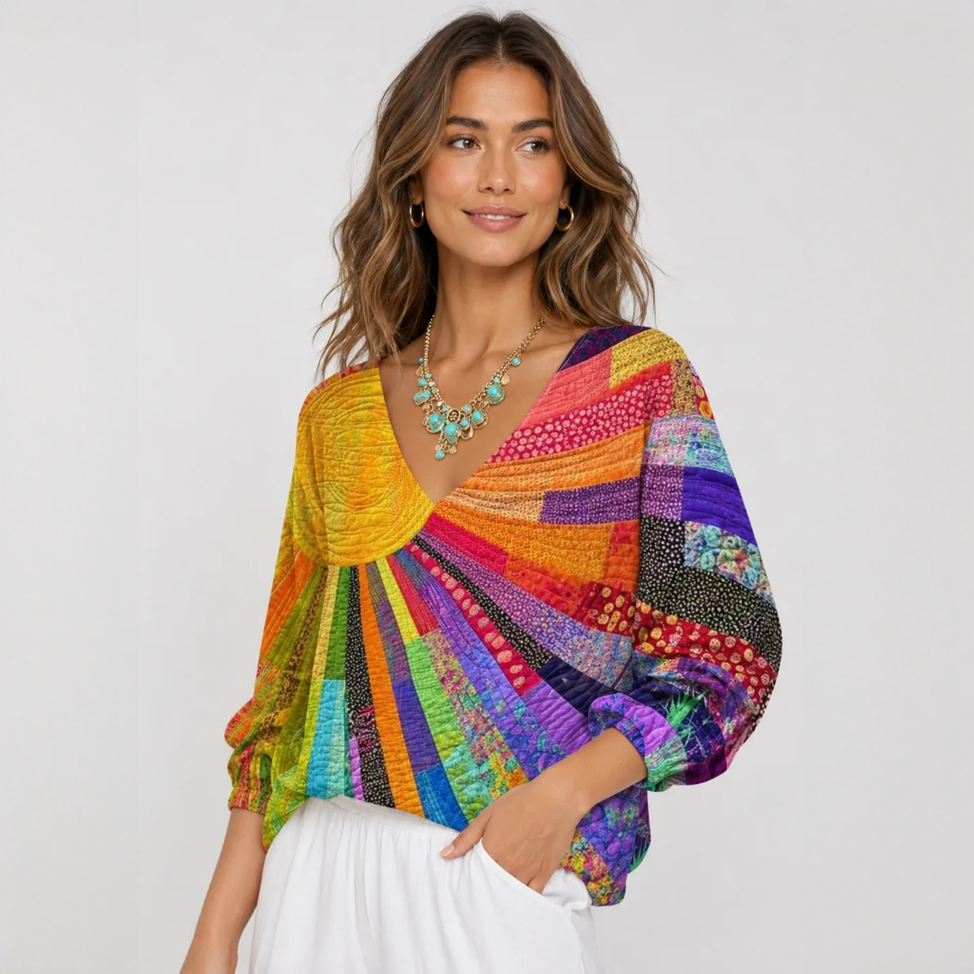 Blouse femme - col rond, manches longues, imprimé patchwork quilt, coupe décontractée