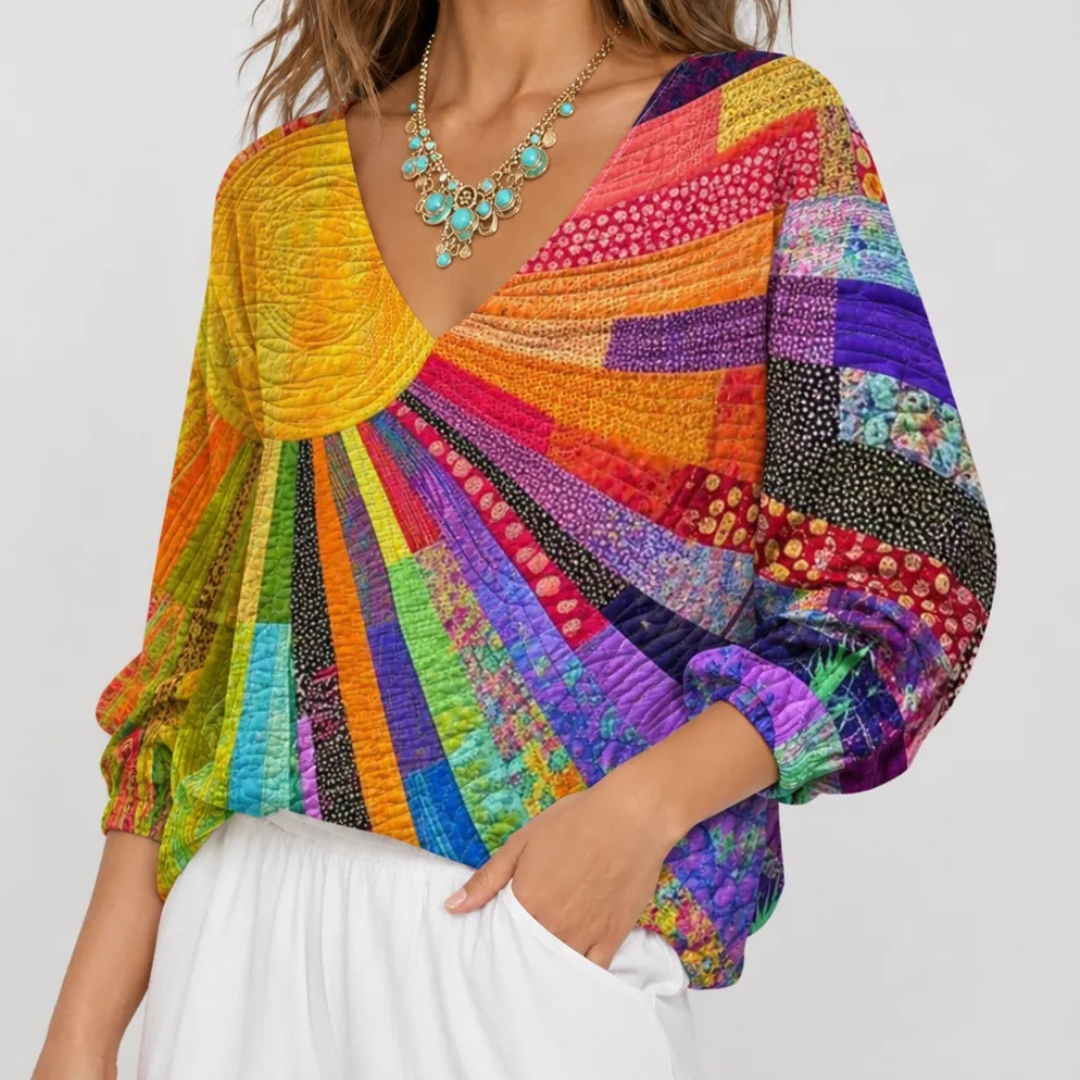 Blouse femme - col rond, manches longues, imprimé patchwork quilt, coupe décontractée