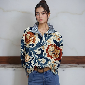 Blouse femme à demi-boutonnage, manches longues, col chemise et poignets à rayures contrastées, imprimé all-over, coupe décontractée