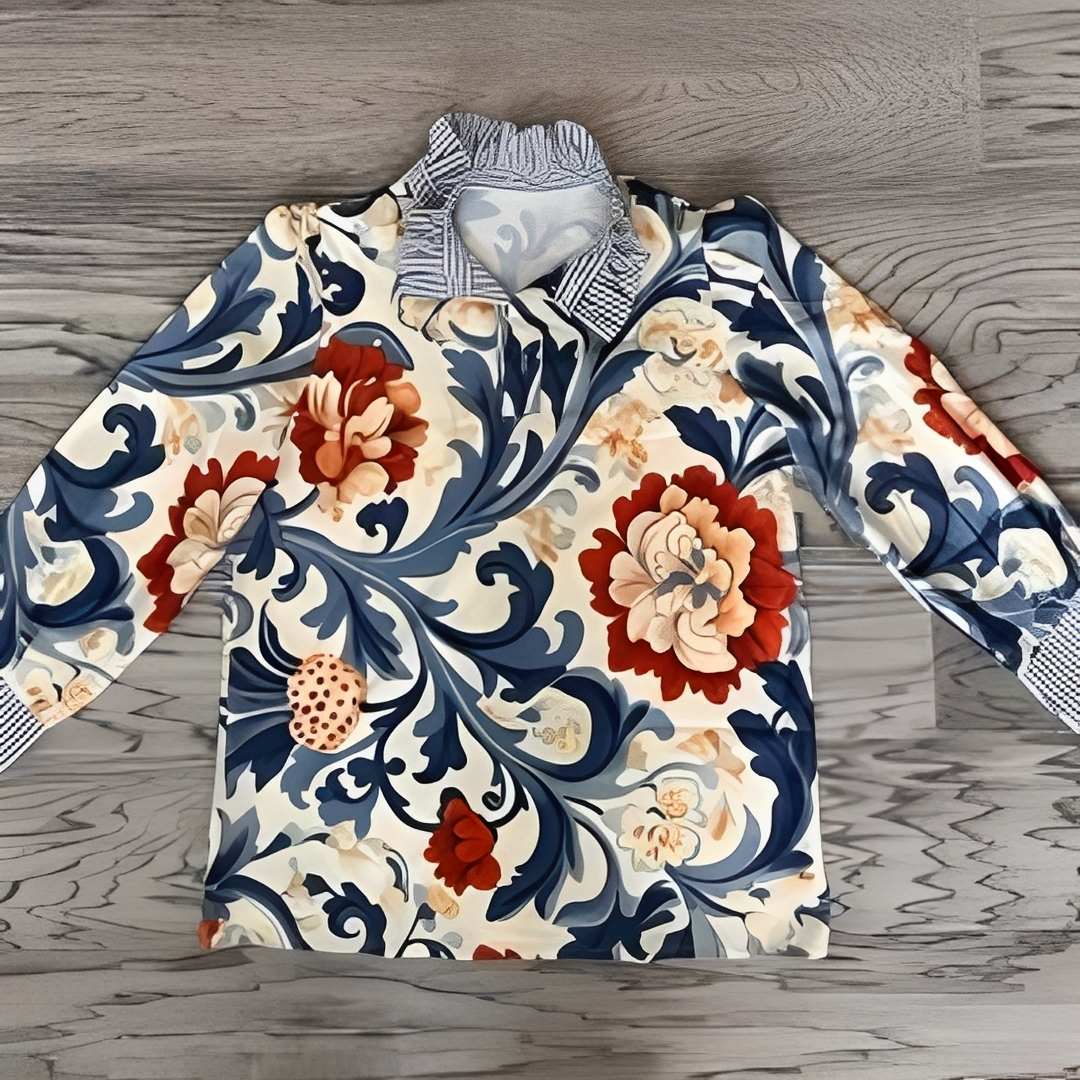 Blouse femme à demi-boutonnage, manches longues, col chemise et poignets à rayures contrastées, imprimé all-over, coupe décontractée