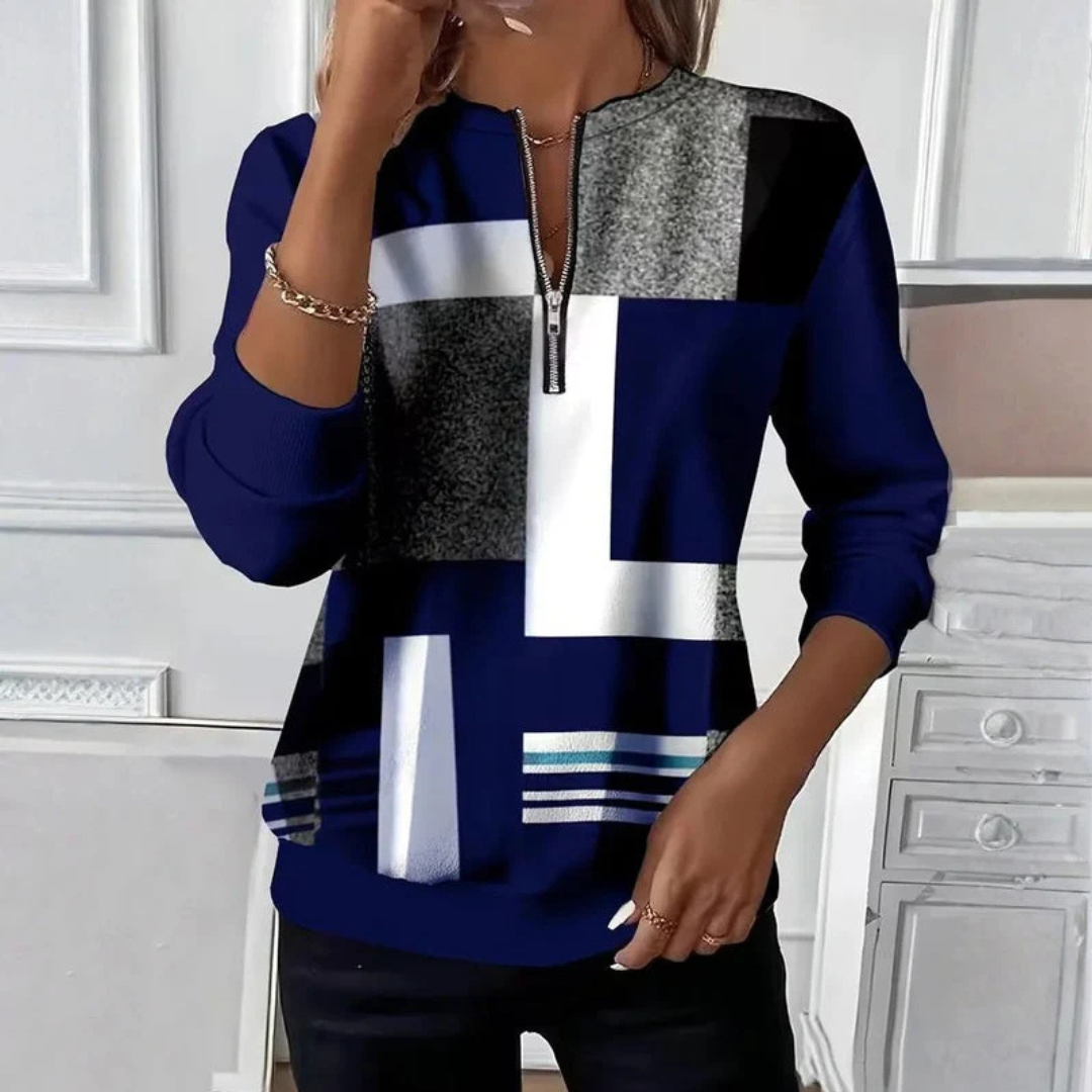 Blouse femme à manches longues avec demi-zip et tirette anneau - imprimé abstrait, poignets et ourlet côtelés, coupe décontractée