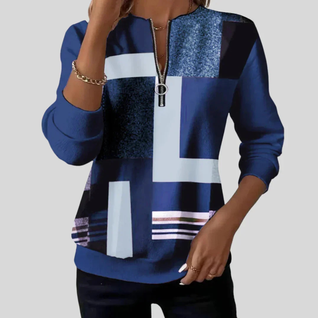 Blouse femme à manches longues avec demi-zip et tirette anneau - imprimé abstrait, poignets et ourlet côtelés, coupe décontractée