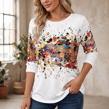 Blouse femme à manches longues - col rond, imprimé éclaboussures abstraites, coupe ample