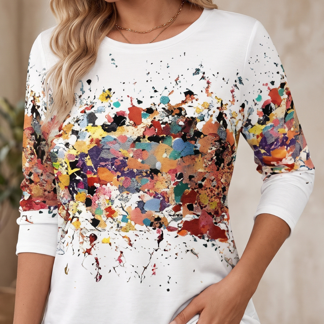 Blouse femme à manches longues - col rond, imprimé éclaboussures abstraites, coupe ample