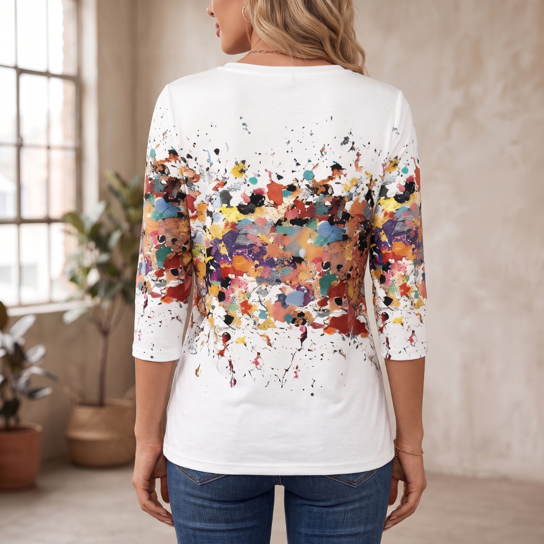 Blouse femme à manches longues - col rond, imprimé éclaboussures abstraites, coupe ample