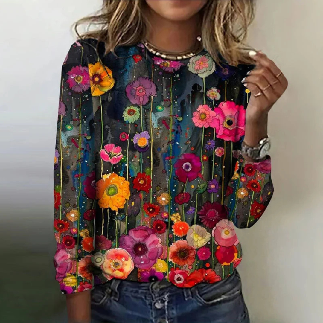 Blouse femme à manches longues col rond pull-over - coupe décontractée imprimé floral longueur jusqu’aux hanches