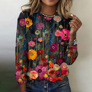 Blouse femme à manches longues col rond pull-over - coupe décontractée imprimé floral longueur jusqu’aux hanches