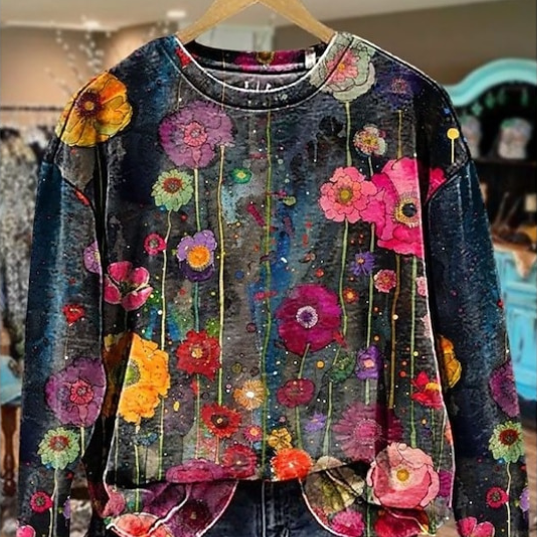 Blouse femme à manches longues col rond pull-over - coupe décontractée imprimé floral longueur jusqu’aux hanches