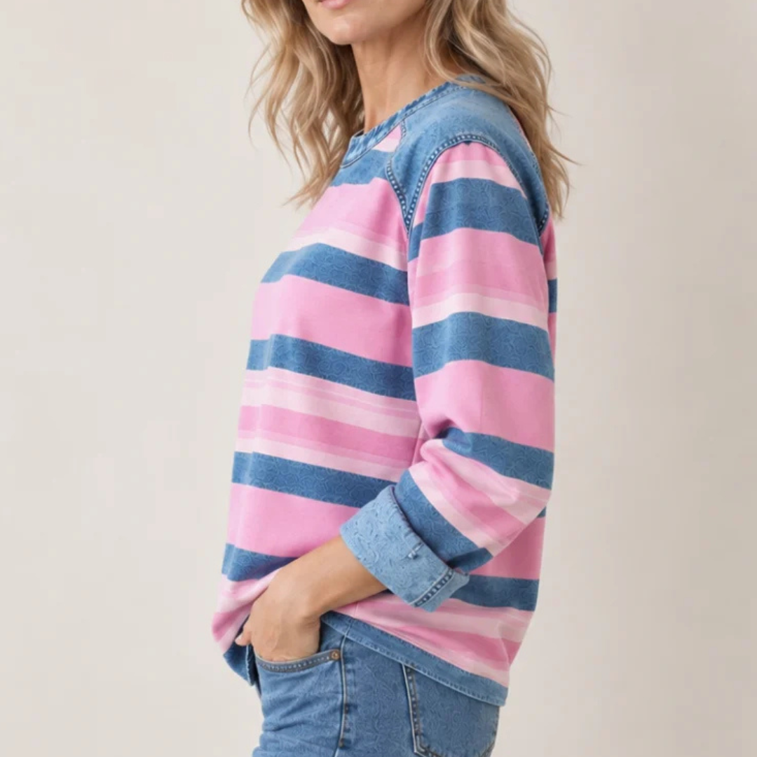 Blouse femme à manches longues, épaules raglan avec empiècements contrastés sur les épaules et l'ourlet, coupe décontractée