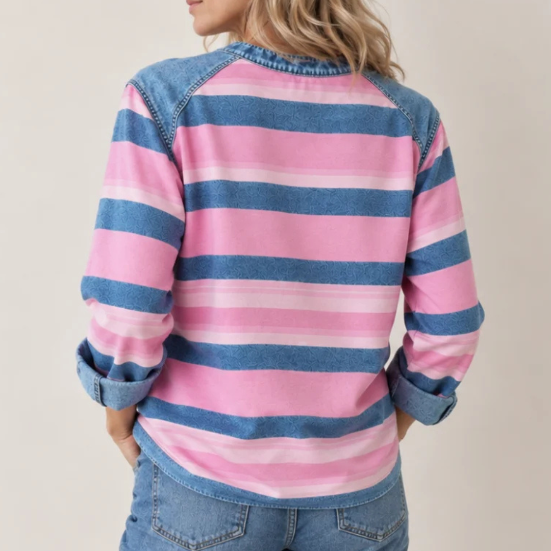 Blouse femme à manches longues, épaules raglan avec empiècements contrastés sur les épaules et l'ourlet, coupe décontractée