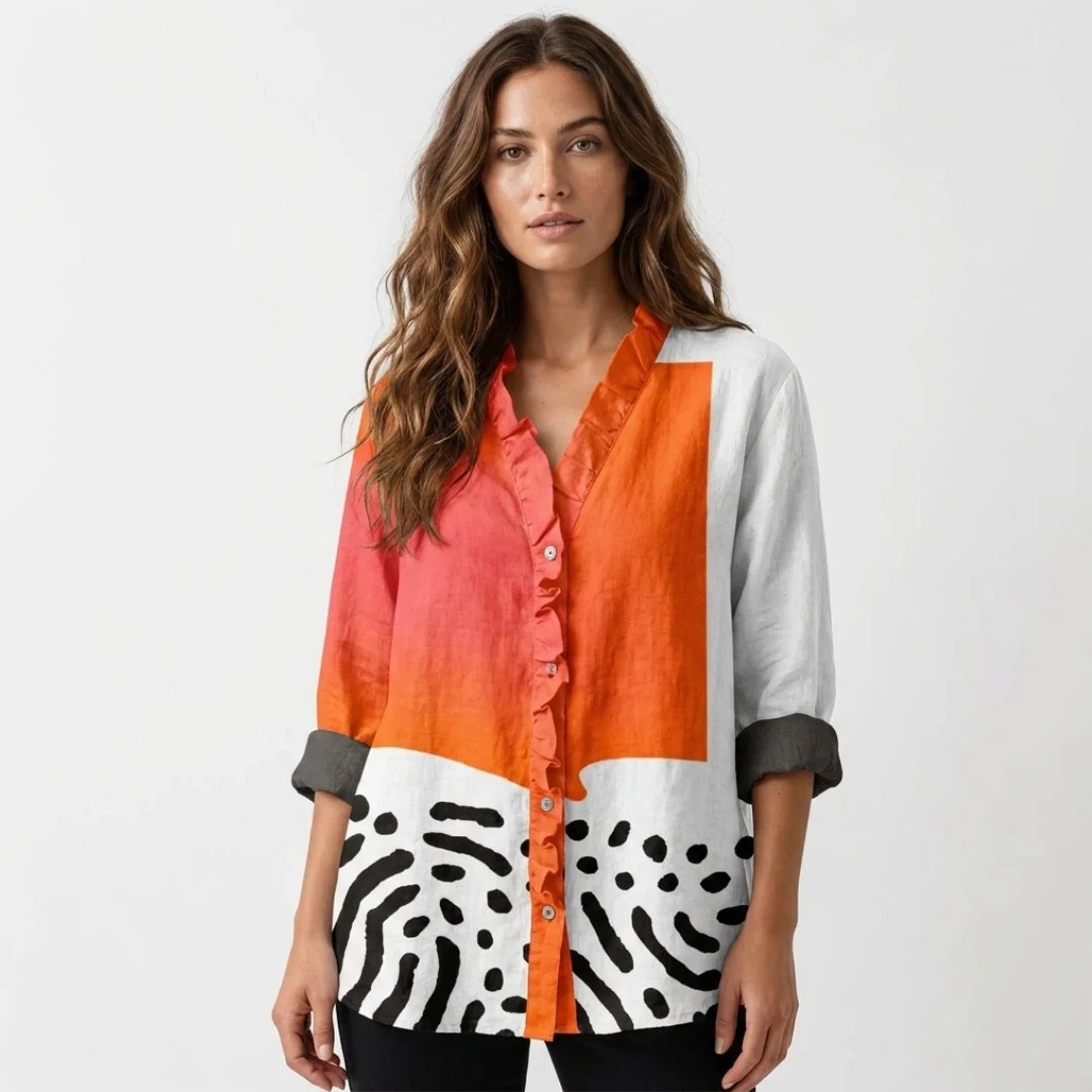Blouse femmes à manches longues et col en V à volants - boutonnage devant et ourlet asymétrique