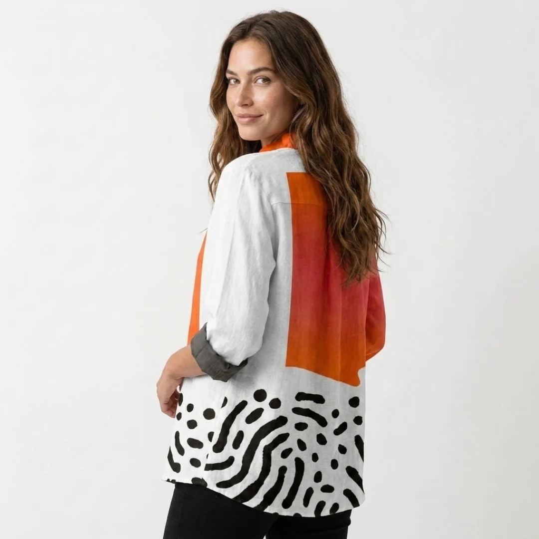 Blouse femmes à manches longues et col en V à volants - boutonnage devant et ourlet asymétrique