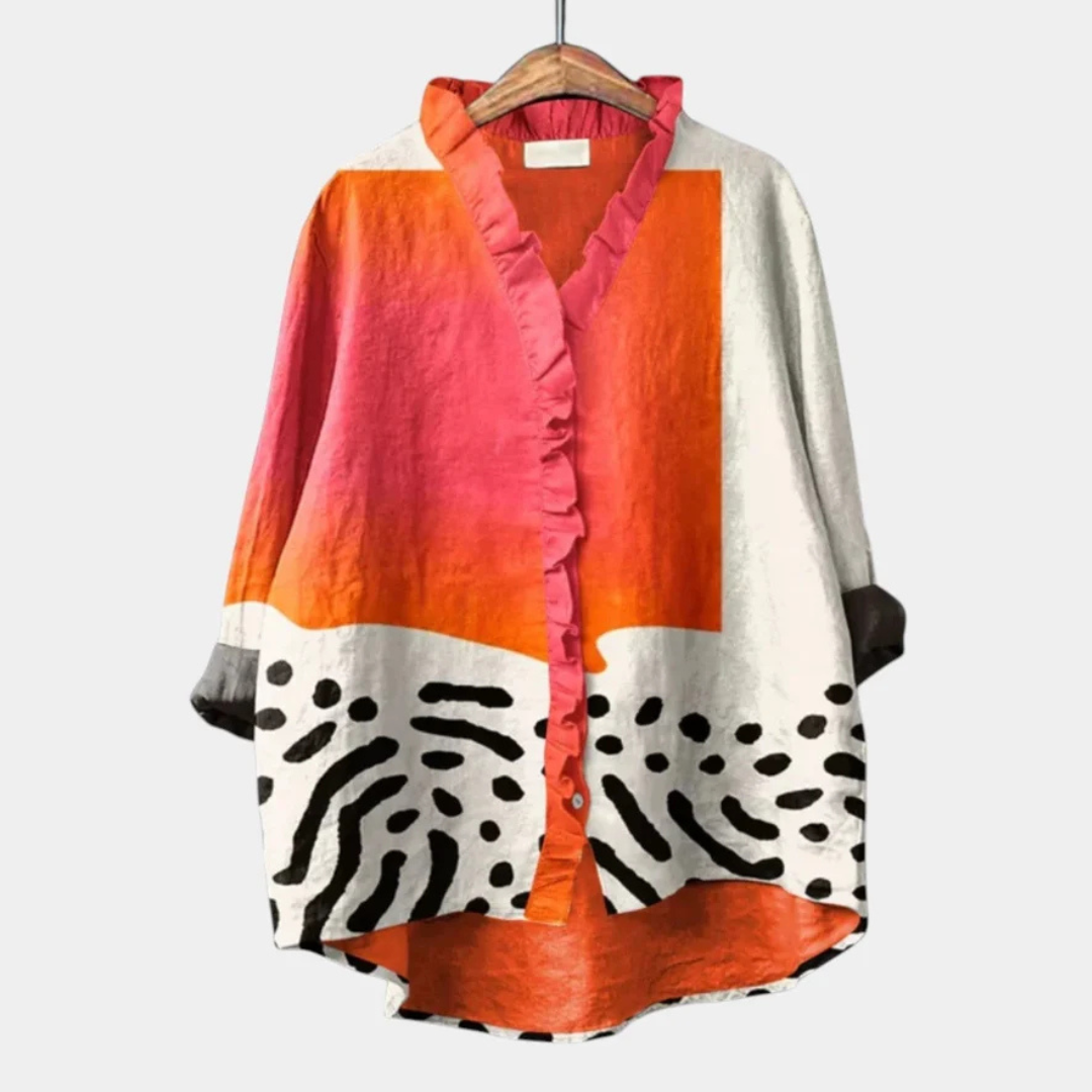Blouse femmes à manches longues et col en V à volants - boutonnage devant et ourlet asymétrique