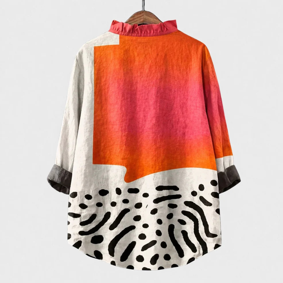 Blouse femmes à manches longues et col en V à volants - boutonnage devant et ourlet asymétrique
