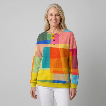 Blouse henley pour femmes – coupe tunique décontractée, manches longues, imprimé géométrique en blocs