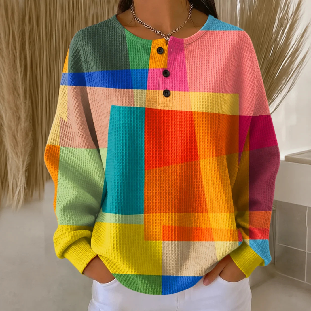 Blouse henley pour femmes – coupe tunique décontractée, manches longues, imprimé géométrique en blocs