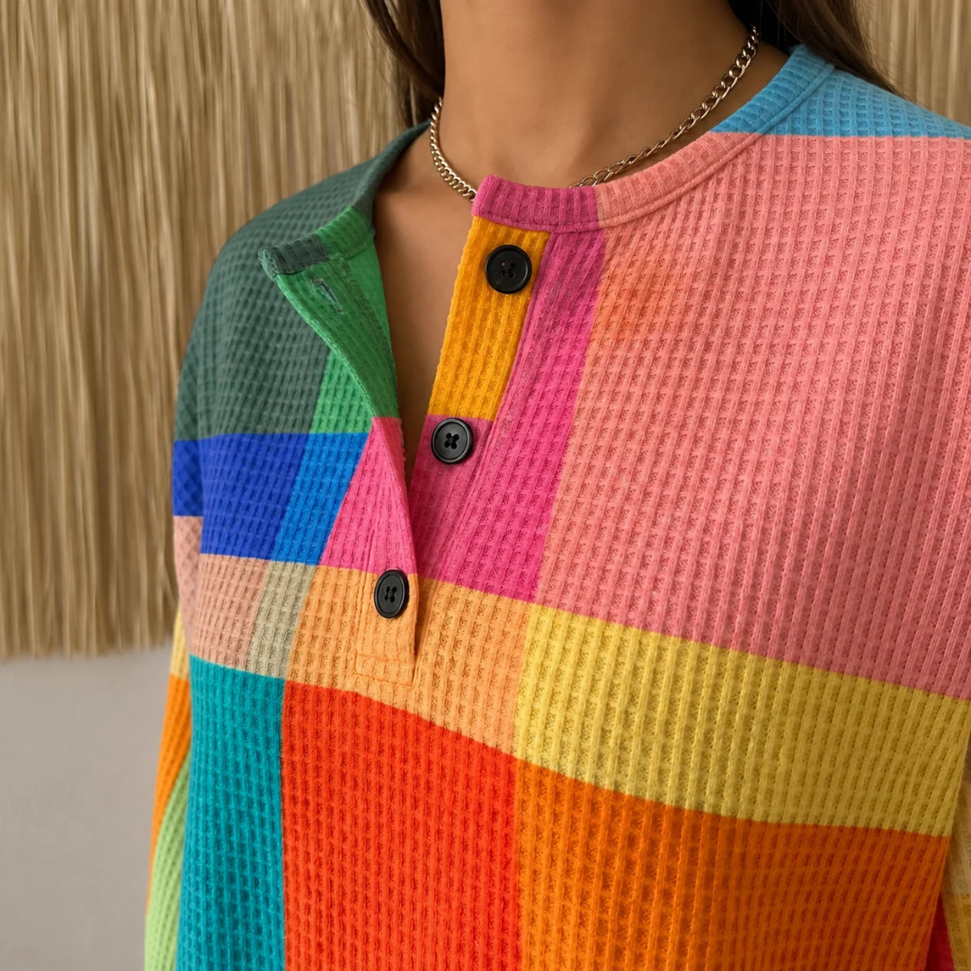 Blouse henley pour femmes – coupe tunique décontractée, manches longues, imprimé géométrique en blocs