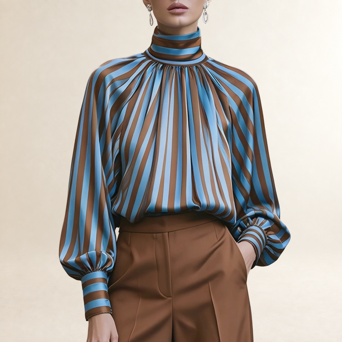 Blouse à manches longues pour femmes col montant plissé avec manches ballon