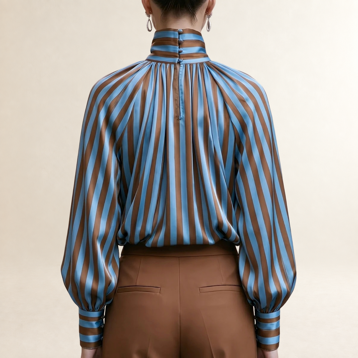 Blouse à manches longues pour femmes col montant plissé avec manches ballon