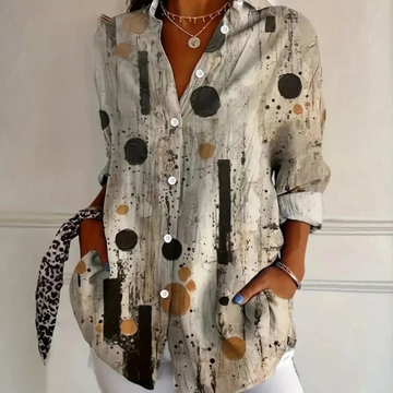 Blouse pour femmes à col pointu et fermeture boutonnée, manches longues retroussables, poches latérales, coupe ample imprimée