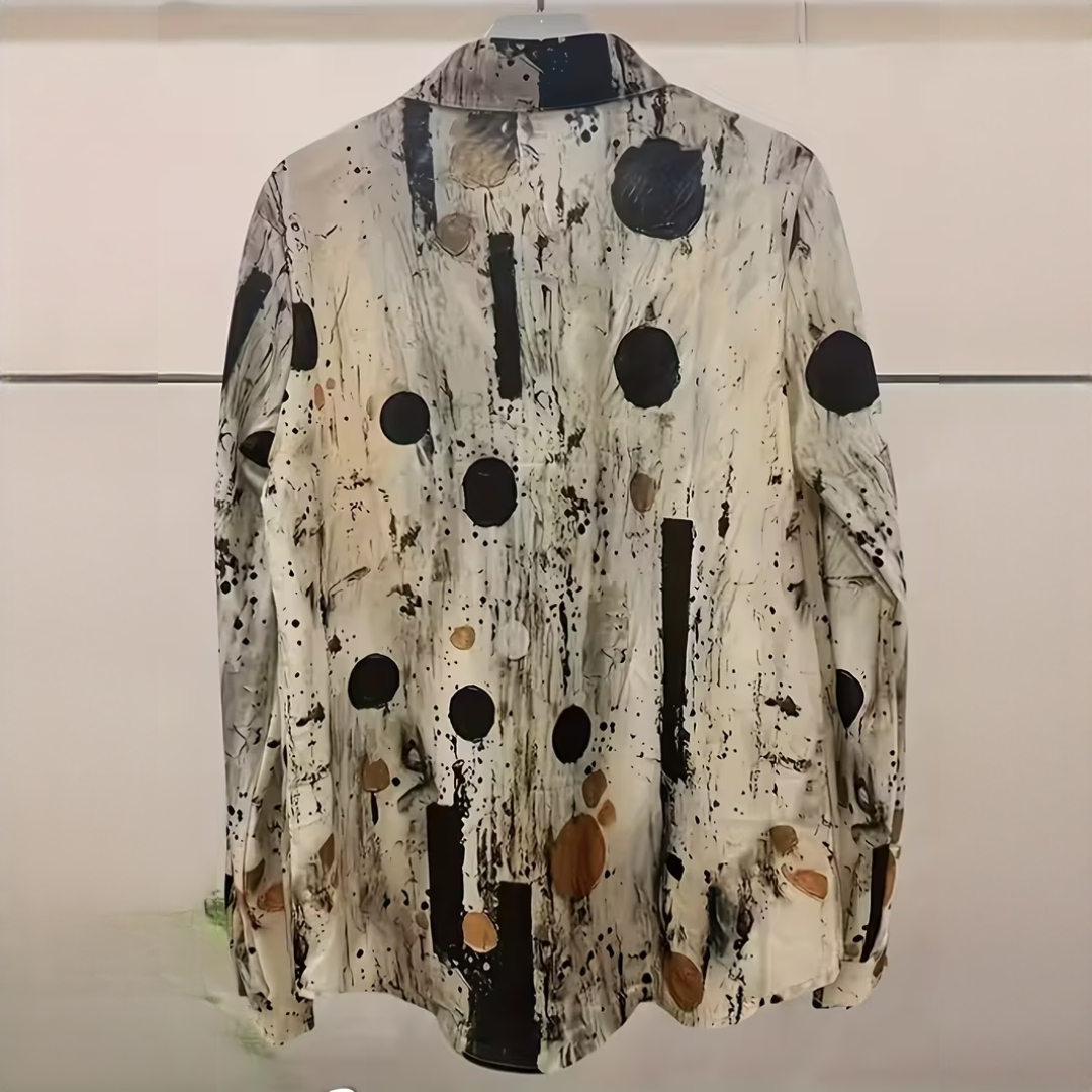 Blouse pour femmes à col pointu et fermeture boutonnée, manches longues retroussables, poches latérales, coupe ample imprimée
