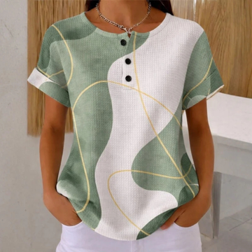 Blouse pour femmes - Henley à manches courtes, col rond, ouverture à 3 boutons, coupe décontractée, imprimé colorblock abstrait