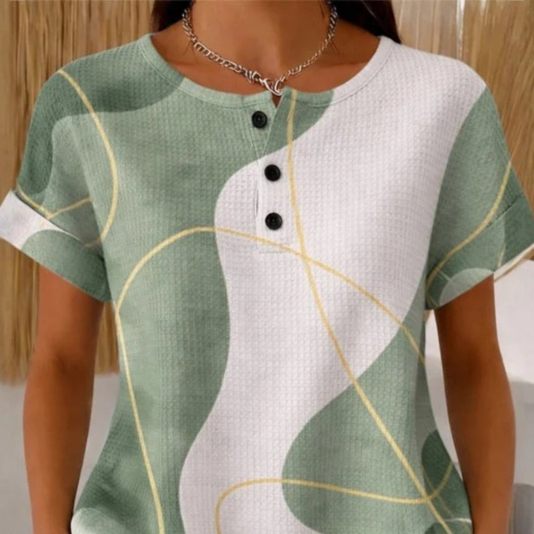 Blouse pour femmes - Henley à manches courtes, col rond, ouverture à 3 boutons, coupe décontractée, imprimé colorblock abstrait