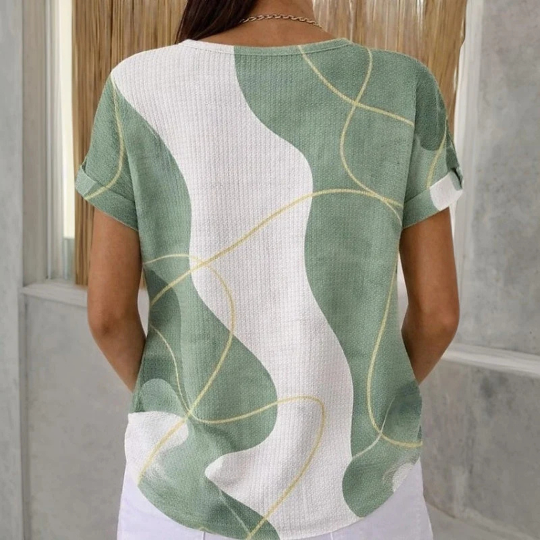 Blouse pour femmes - Henley à manches courtes, col rond, ouverture à 3 boutons, coupe décontractée, imprimé colorblock abstrait