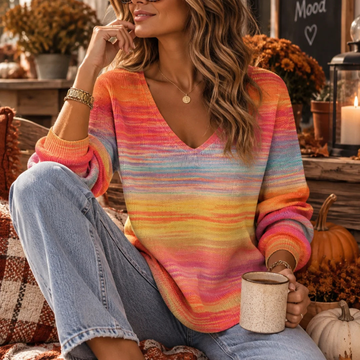 Blouse-pull imprimée pour femmes à col en V, manches longues, coupe décontractée, longueur au niveau des hanches