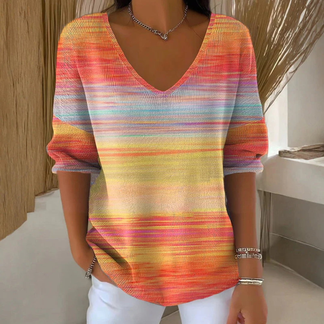Blouse-pull imprimée pour femmes à col en V, manches longues, coupe décontractée, longueur au niveau des hanches