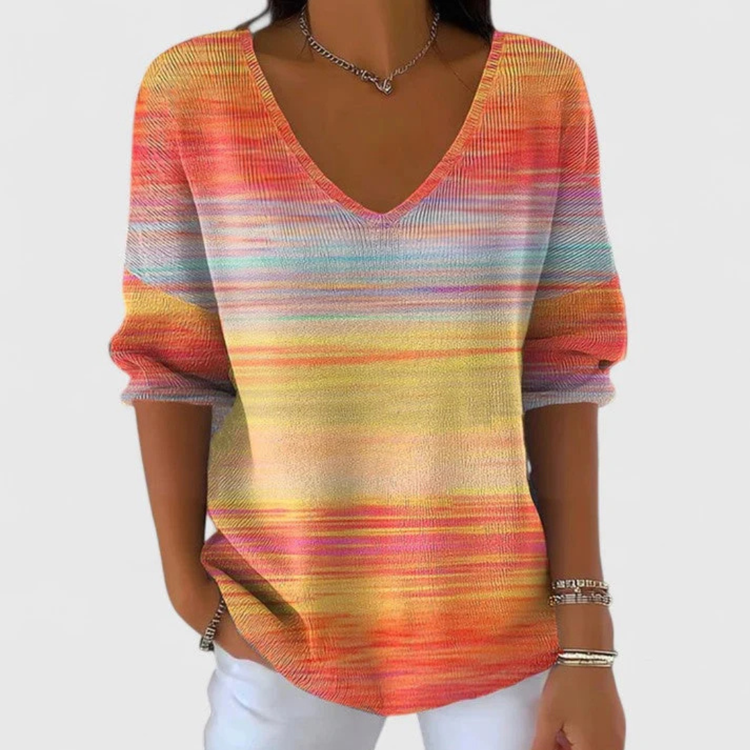 Blouse-pull imprimée pour femmes à col en V, manches longues, coupe décontractée, longueur au niveau des hanches