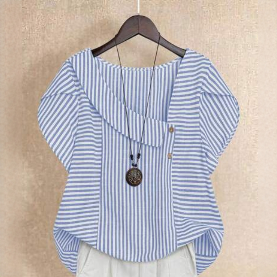 Blouse à rayures pour femmes, col rabattable asymétrique, manches courtes légèrement évasées, patte boutonnage à deux boutons, coupe ample