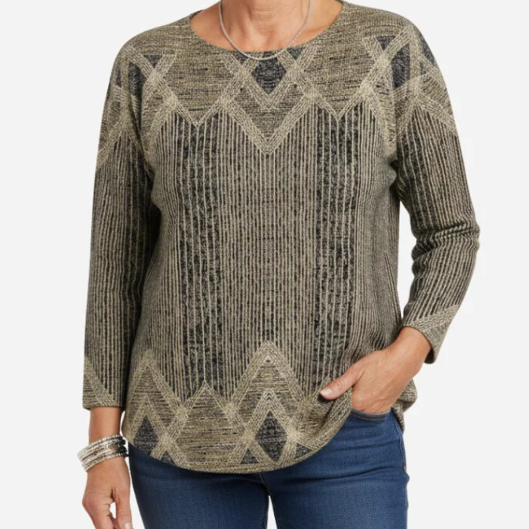 Blouse tunique Femme à manches longues, col rond, coupe décontractée, motif losanges géométriques