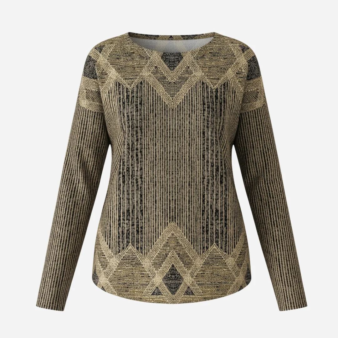 Blouse tunique Femme à manches longues, col rond, coupe décontractée, motif losanges géométriques