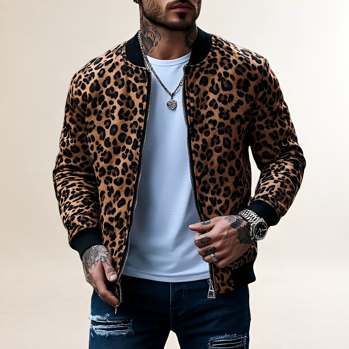 Blouson bomber homme à motif léopard coupe régulière fermeture éclair