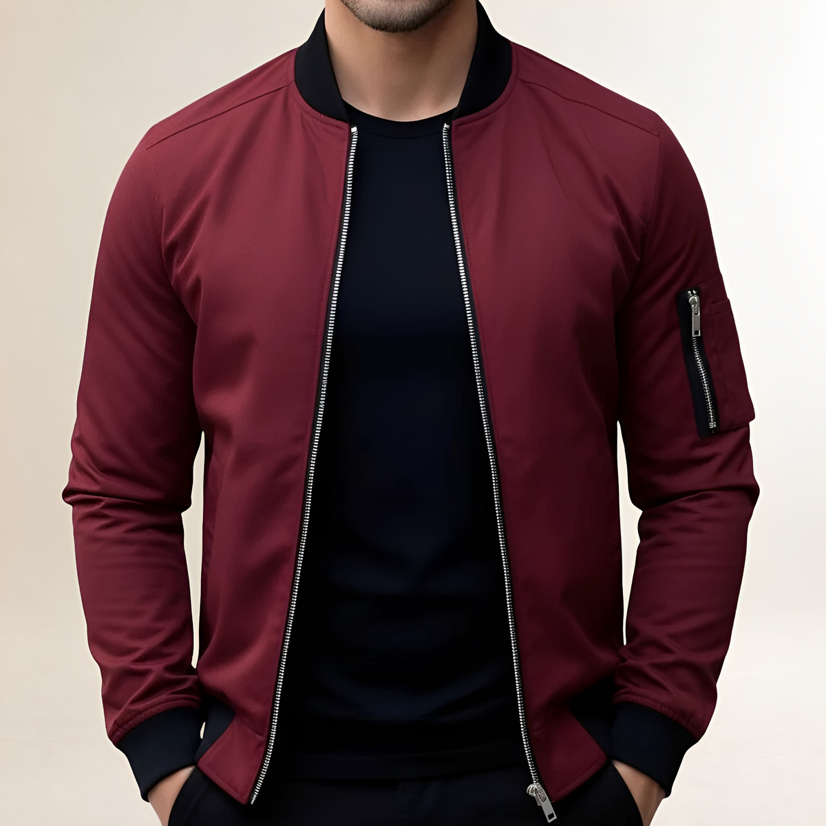 Blouson bomber pour homme coupe slim à fermeture éclair et poche de manche