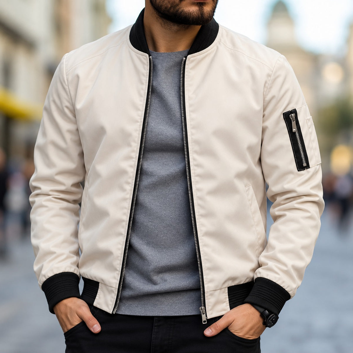 Blouson homme coupe classique avec poignets côtelés et fermeture éclair