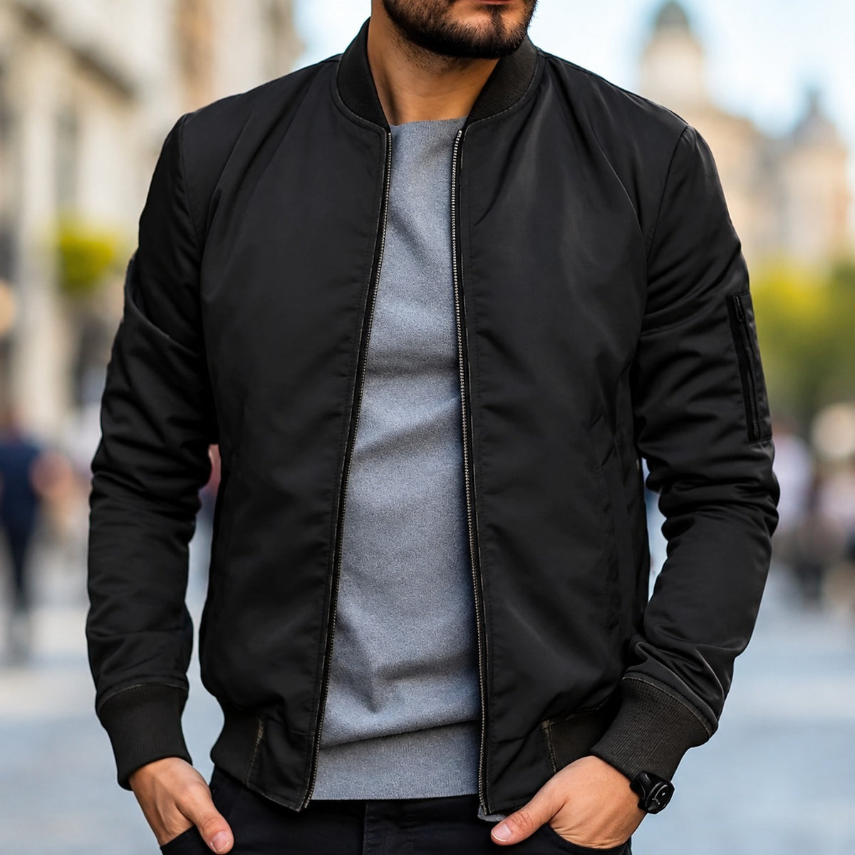 Blouson homme coupe classique avec poignets côtelés et fermeture éclair