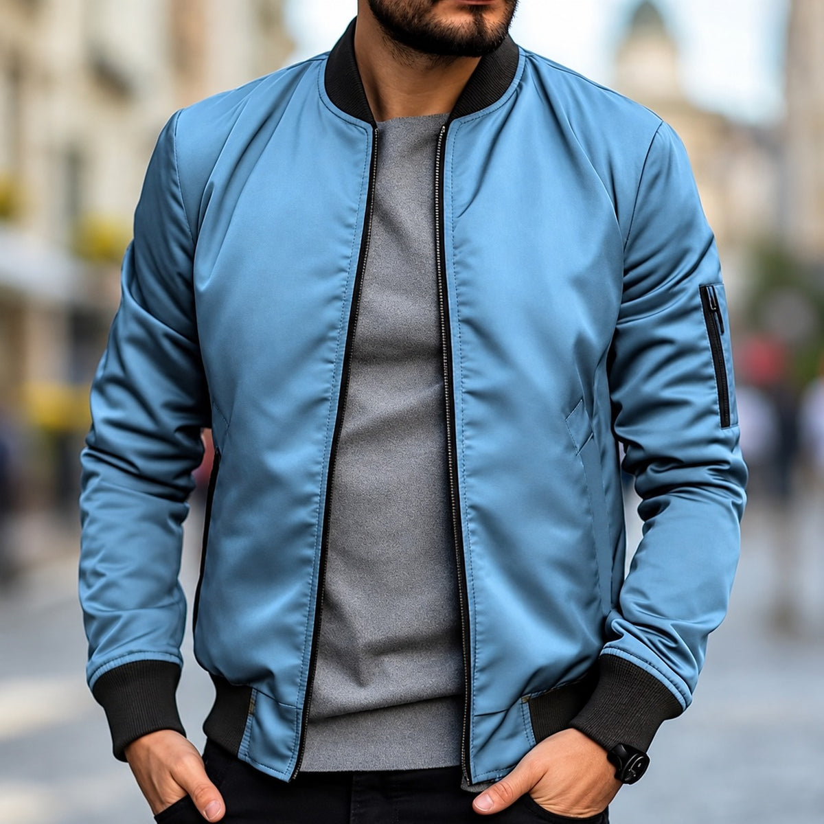 Blouson homme coupe classique avec poignets côtelés et fermeture éclair