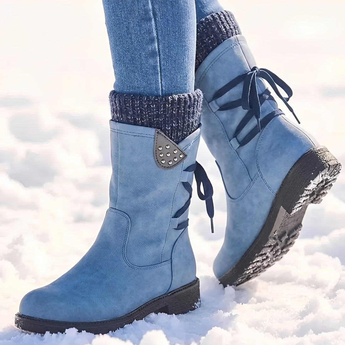 Bottes mi-mollet pour femmes à lacets, détails cloutés et manchette chaude