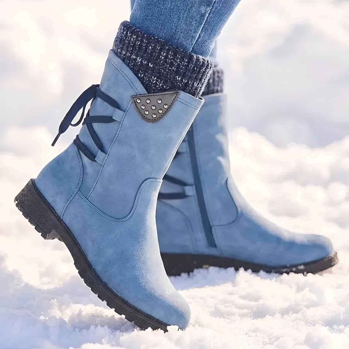 Bottes mi-mollet pour femmes à lacets, détails cloutés et manchette chaude