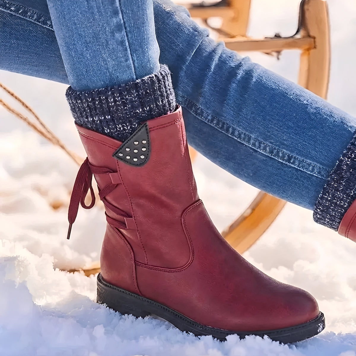 Bottes mi-mollet pour femmes à lacets, détails cloutés et manchette chaude