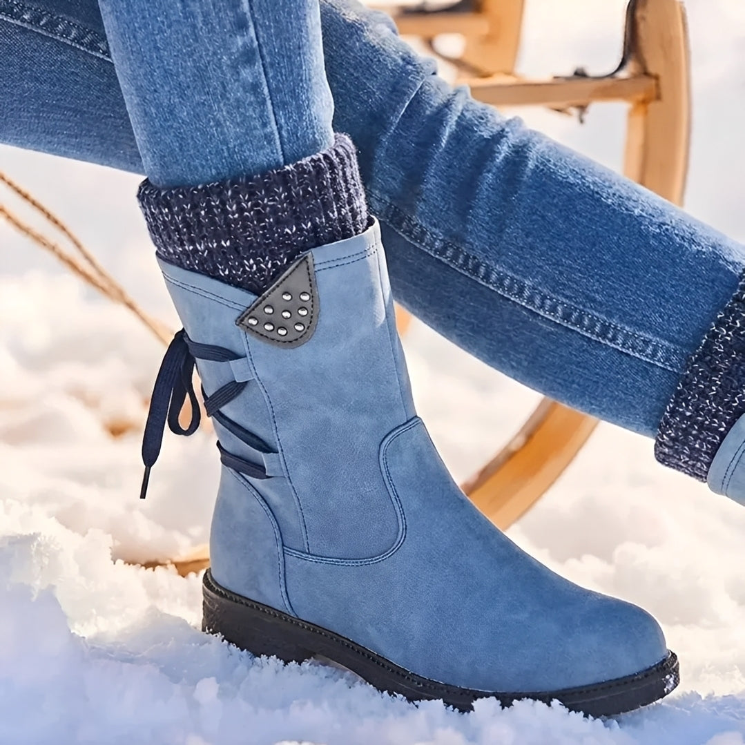 Bottes mi-mollet pour femmes à lacets, détails cloutés et manchette chaude