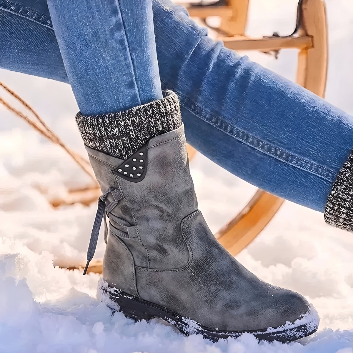 Bottes mi-mollet pour femmes à lacets, détails cloutés et manchette chaude
