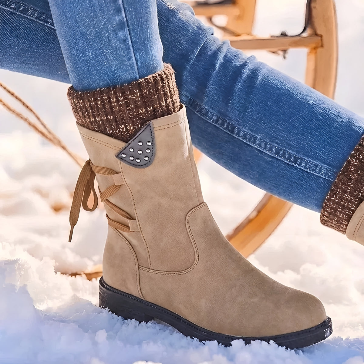 Bottes mi-mollet pour femmes à lacets, détails cloutés et manchette chaude